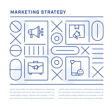 Marketing Strategy Web Banner, Poster, Infographic Concept with geometric shapes and Outbound Marketing, Product Marketing, Brand Marketing, Social Media Marketing Line Icons