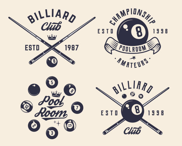 billard, 8-ball-logo-set. 4 billard-bezogene etiketten, abzeichen, embleme. billard-emblem, plakatvorlagen. vektorillustration - poolkugel stock-grafiken, -clipart, -cartoons und -symbole