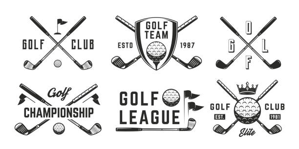 ilustraciones, imágenes clip art, dibujos animados e iconos de stock de conjunto de logotipos de golf. 6 emblemas de golf con iconos de palo de golf, pelota, corona y bandera. diseño hipster. emblema, plantillas de carteles. ilustración vectorial - golf