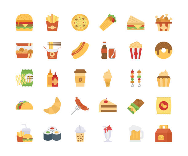 패스트 푸드. 플랫 디자인 아이콘. 편집 가능한 획. - 플랫 디자인 stock illustrations