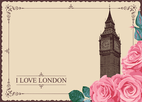 Retro postcard with Big Ben in London, United Kingdom and roses. Vector postcard in vintage style with words I love London and a place for text on bange beige background