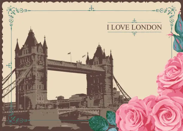 Vector illustration of Vintage postcard with famous Tower-Bridge in London