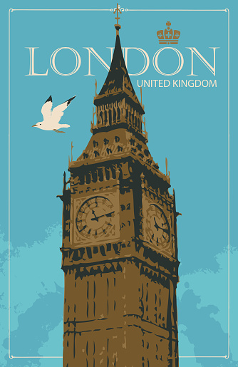 Retro postcard with Big Ben in London, UK. Vintage vector postcard with words London on blue background