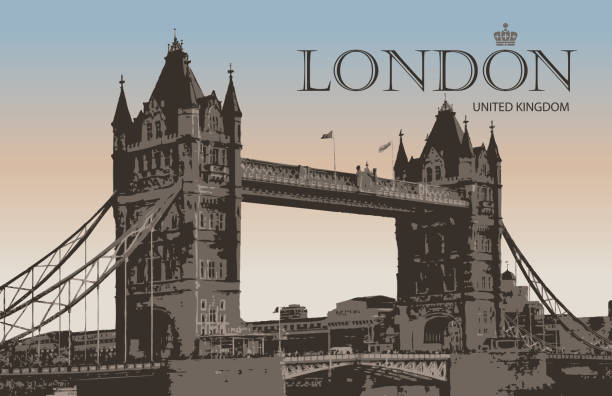 postcard with famous Tower-Bridge in London, UK Vintage postcard with famous Tower-Bridge in London, UK. Retro postcard with words London, United Kingdom city of london flag stock illustrations