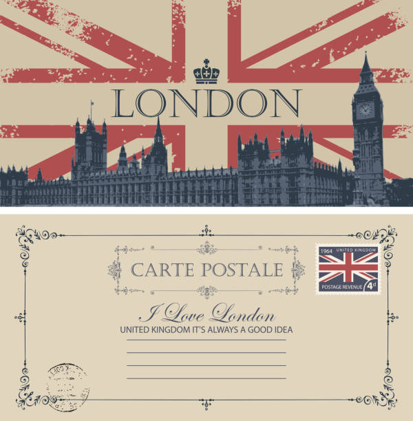 런던의 빅벤과 함께 엽서, 웨스트민스터 궁전 - british flag backgrounds england english flag stock illustrations