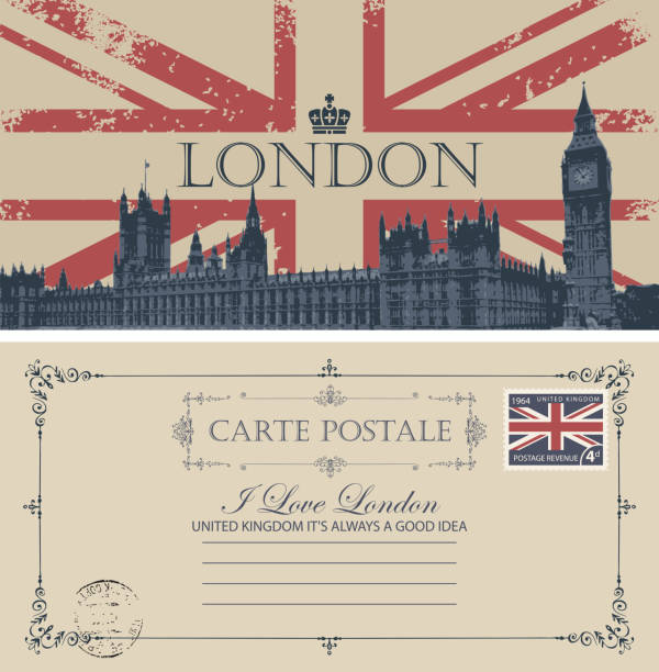 postcard with Big Ben in London, Palace of Westminster Vector postcard with Big Ben in London, Palace of Westminster, UK. Retro postcard with words London, United Kingdom in colors of british flag city of london flag stock illustrations