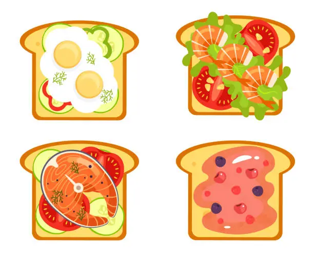 Vector illustration of Bread toasted sandwiches with different ingredients isolated set. Healthy morning breakfast. Vector design graphic illustration