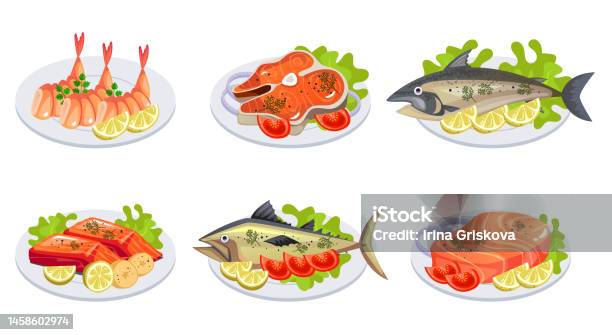 Eatable Fish Vector Fish Seafood Dish On Plate Cooking Menu Ingredient Isolated Set Vector ...