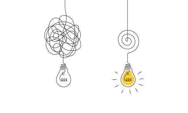 bildbanksillustrationer, clip art samt tecknat material och ikoner med tangled and scribble wires with light bulbs in one continuous line drawing. concept of complex problem solving process and clarifying idea in simple linear style. doodle vector illustration - klotter illustrationer