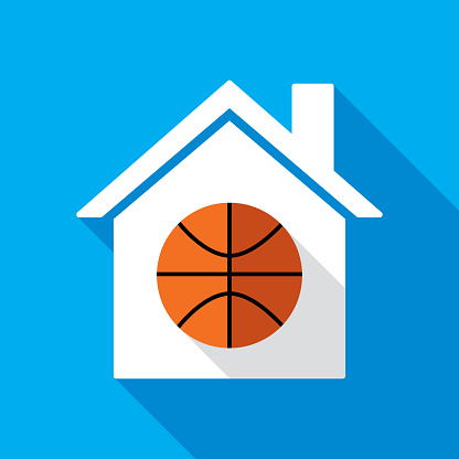 Vector illustration of a house with basketball icon against a blue background in flat style.