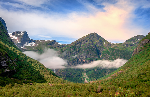 Scenic Norwegian landscape in the summer. Photo taken on the trail from the Mountain Lodge to Briksdal Glacier, in Jostedal Glacier National Park, Vestland County.