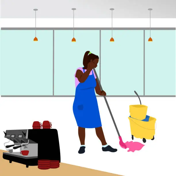 Vector illustration of Store Employee Cleaning Blue Apron