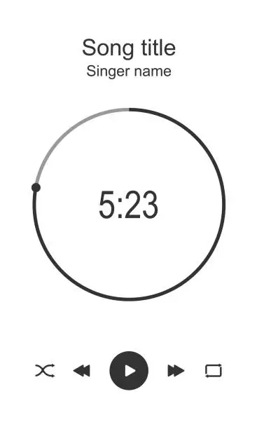Vector illustration of Audioplayer interface with round loading bar, timer, shuffle, rewind, fast forward, play and repeat buttons. Music player playback layout. Song, podcast, stream, radio listening