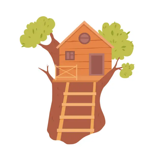 Vector illustration of Wooden house on summer green tree, empty treehouse with ladder in woods, park or garden