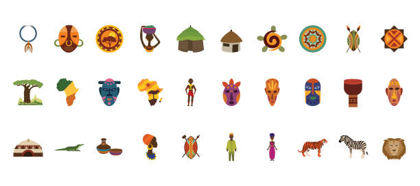 Set African stickers traditional hut with straw roof, baobab shield with spear, tribal mask, drum in cartoon style isolated on white background. Safari tribal collection, rural desert building