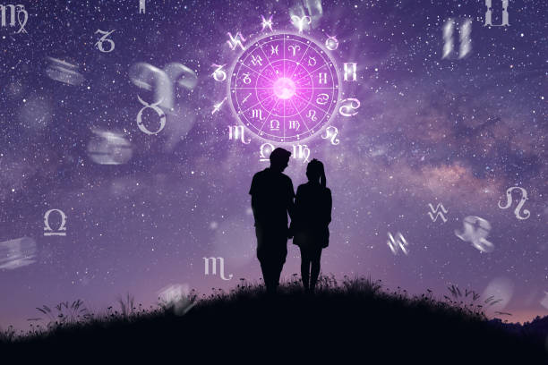 Zodiac wheel. Astrology and Couple concept. Astrological zodiac signs inside of horoscope circle. Couple singing and dancing over the zodiac wheel and milky way background. The power of the universe concept. astrology sign stock pictures, royalty-free photos & images