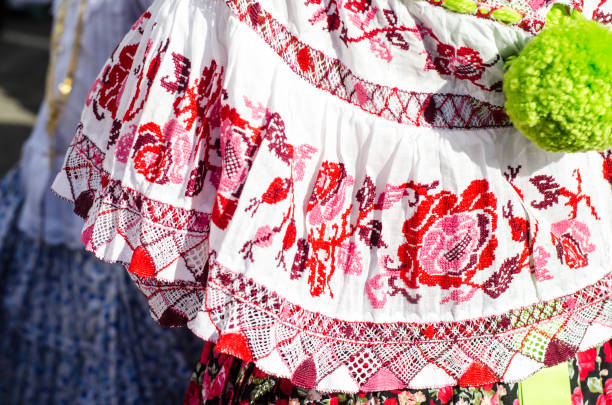 Beautiful Panamanian folk costume, known as pollera. The pattern is all handmade using different embroidery techniques