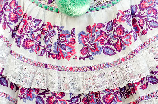 Beautiful Panamanian folk costume, known as pollera. The pattern is all handmade using different embroidery techniques