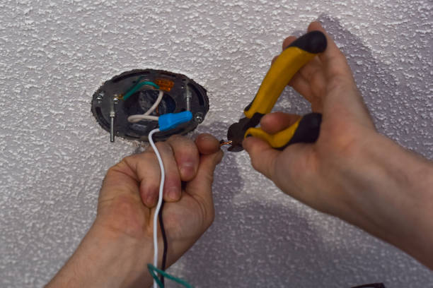 istock Closeup man's hands cutting wires with pliers while replacing ceiling light fixture 1458622582