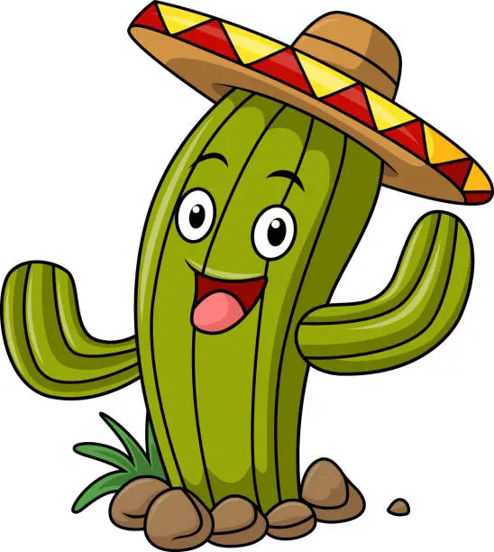 Vector illustration of Cute mexican cartoon cactus waving hand