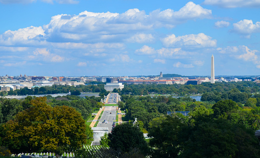 Panorama view of Washington Dc from Arlington Cemetery on a bright summer day