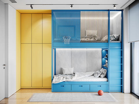 Boy room with double bed and closet. Parquet floor with carpet and baseball ball. Render
