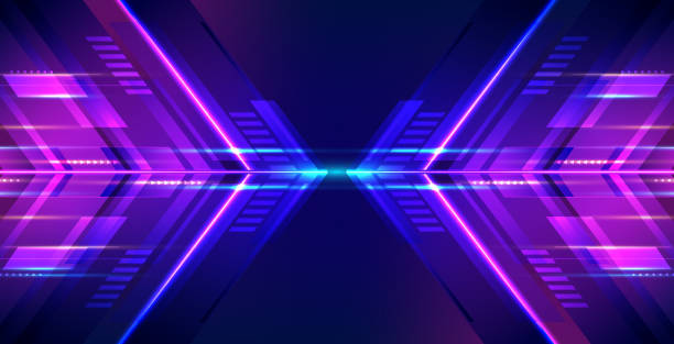 istock Abstract modern technology futuristic concept high speed movement blue arrows geometric stripe lines with lighting effect on dark background 1458631521