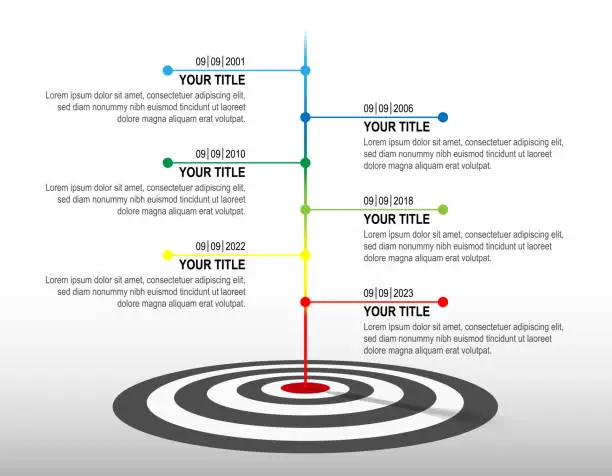 Vector illustration of Colour line hit to black and white dartboard with infographic. Target timeline. Business success data chart, investment goal, marketing challenge, strategy presentation, achievement diagram. vector template.