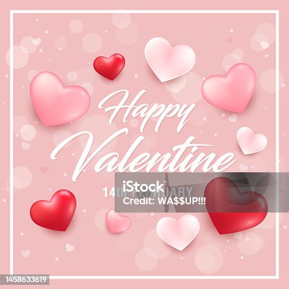istock Happy Valentine's Day and White Day Sale banner. Holiday background with border frame made of realistic heart shaped red, pink and white balloons. Horizontal poster, greeting card, header for website. 1458633619