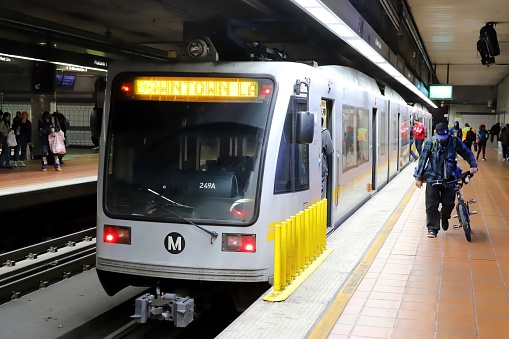 Los Angeles, California, USA - January 21, 2023: Los Angeles Metro Blue Line Train - 7th Street / Metro Center Station.