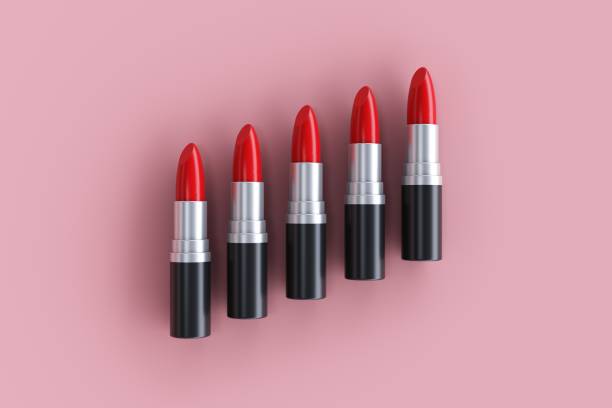 istock Set of red lipsticks. 3d rendering. 1458639330