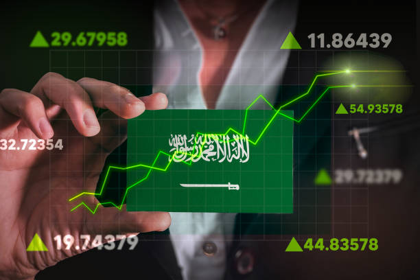 Graph growing up in Front Of Saudi Arabia Flag. stock photo