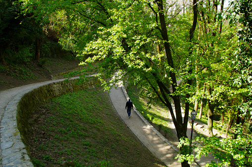 Zagreb, Croatia - April 18, 2022 - Green Corridor Clear Passage Dubravkin Put Forest Footpath Historic District Cityscape, National Archives and Zagreb City Museum Neighborhood, in Dubravkin Street, City Center, Balkan Peninsula, Southeastern Europe