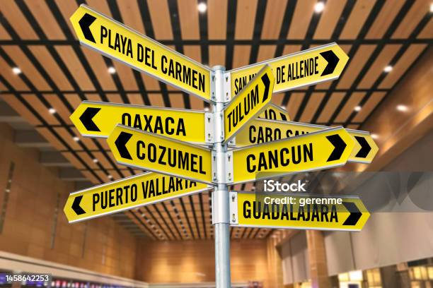 Mexican City Signs Stock Photo - Download Image Now - Acute Angle, Aiming, Airport
