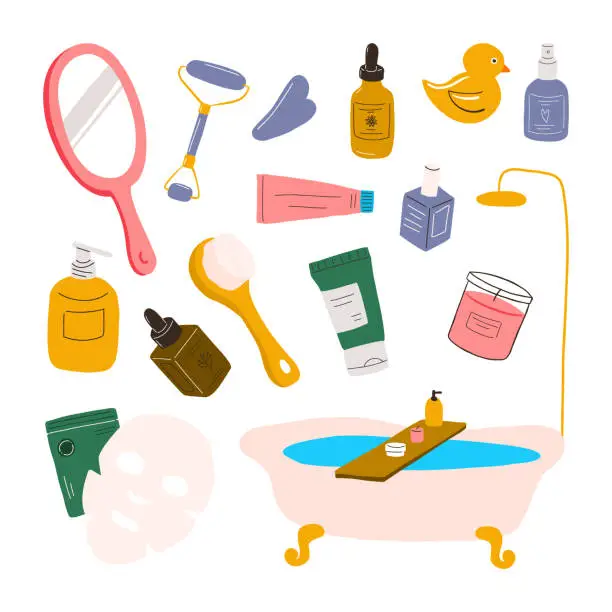 Vector illustration of Self Care Product Woman Bath Time Illustration. Me time set of elements. Beauty products, skin care tools.