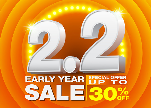 2.2 Special promotion, 30% discount at the beginning of the year with Number two 3D text on Spotlight LED orange background. Campaign Special Offer. Design for Ads, social media, Shopping online.