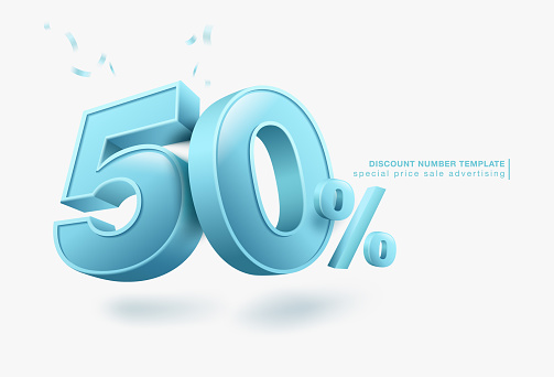 50% discount template, 3D letters, used for promotional advertisements in special sales. Isolated on white background. Realistic vector file.