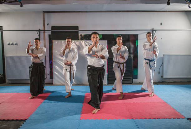 istock Front view of a group of fighters learning self-defense from an aikido trainer 1458658373