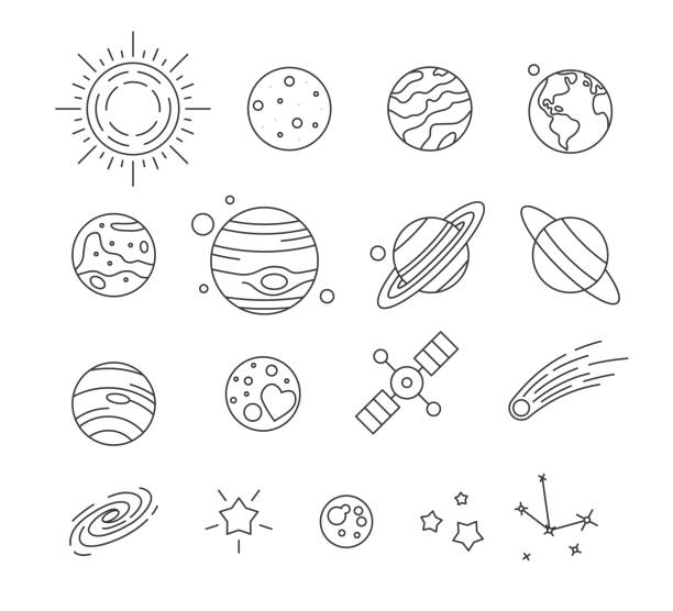 Solar system planets, falling meteor, stars and space satellite set Solar system planets, falling meteor, stars and space satellite set. Universe, celestial bodies, astronomy science concept thin line vector illustration isolated on white jupiter stock illustrations