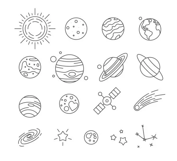 Vector illustration of Solar system planets, falling meteor, stars and space satellite set