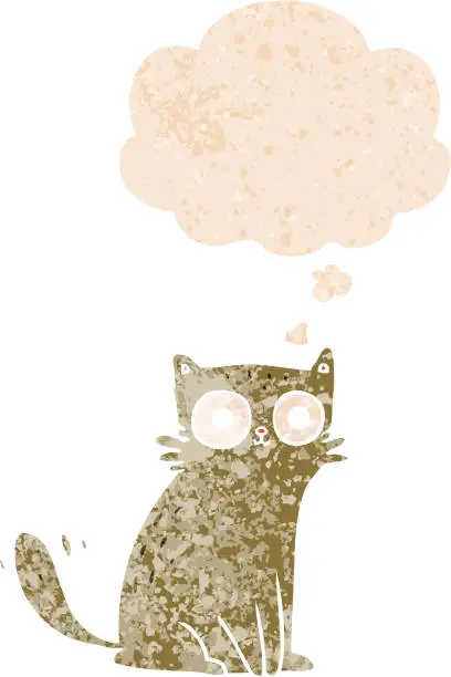 Vector illustration of cartoon cat with thought bubble in grunge distressed retro textured style