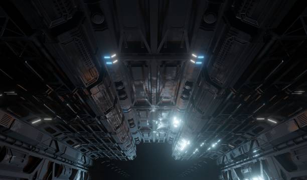 istock Control room basement science fiction metal ceiling in dark scene 1458661235