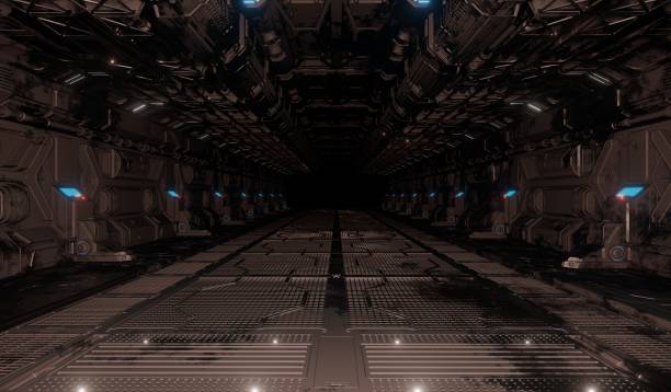 istock Control room science fition with metal corridor grating 1458661241