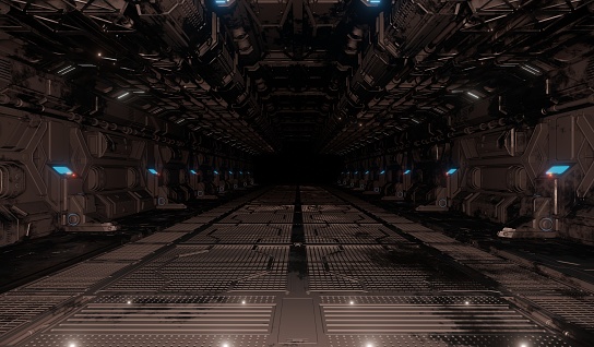Control room science fiction with metal corridor grating in dark scene 3D rendering architecture underground wallpaper backgrounds