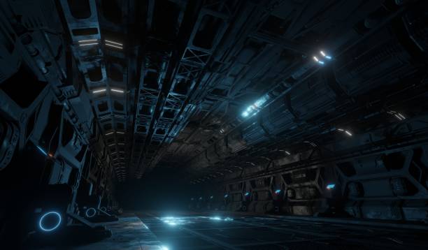 istock Basement corridor science fiction industrial in dark scene 1458661272