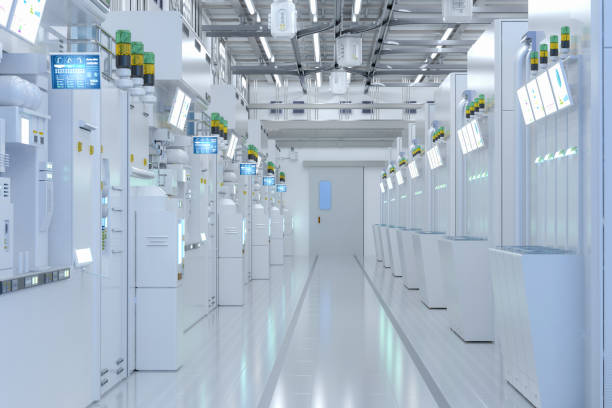 istock White futuristic semiconductor manufacturing factory or laboratory interior with machine and computer screen 1458663403