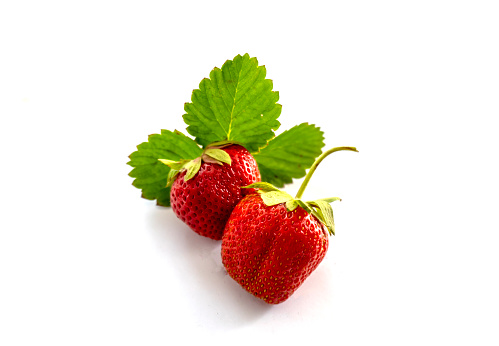 Fresh red ripe strawberry with green leaves isolated on white background with water drops. Studio shot.