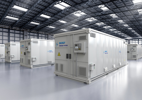 3d rendering energy storage system or battery container units in factory or warehouse
