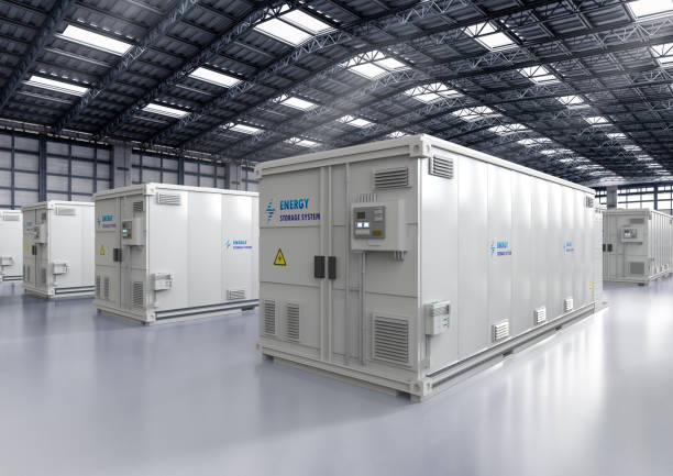 Energy storage systems or battery container units in factory stock photo