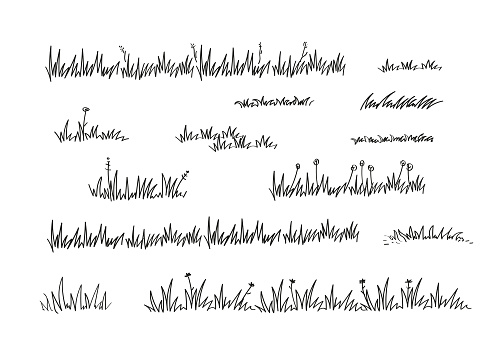 Grass bush line hand drawn scribble lawn outline icon set. Vector doodle sketch border illustration.